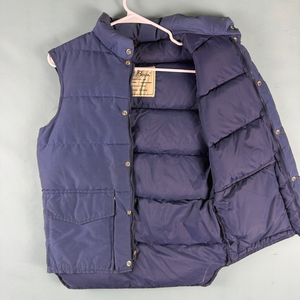 Vintage 70s LL Bean Navy Goose Down Puffer Vest Quilted Outdoor Snap Zip Small